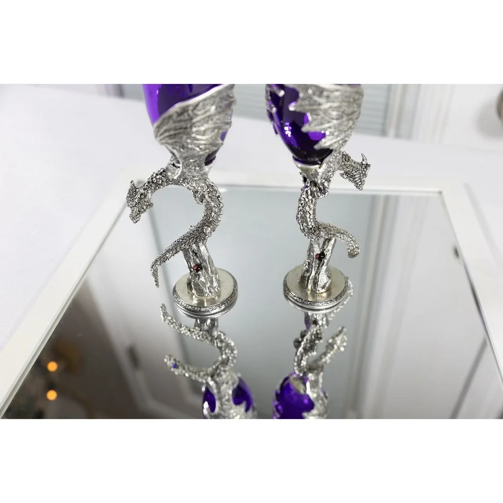 Fellowship Foundry Dragon Heart Wing Purple Glass Pewter Wedding Flutes Pair